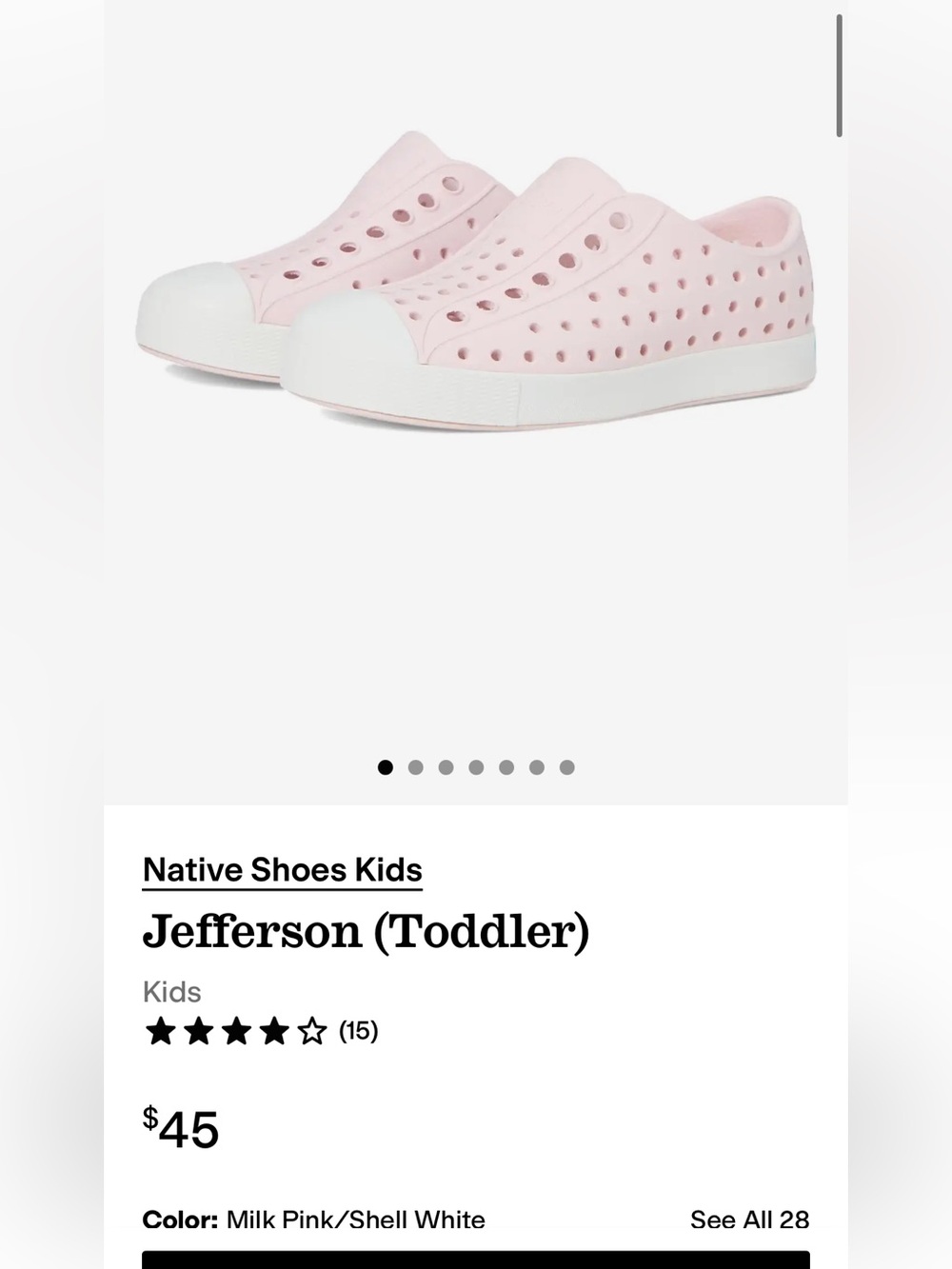NATIVE SHOES JEFFERSON KIDS SLIP ON SNEAKER MILK PINK - NEVER WORN